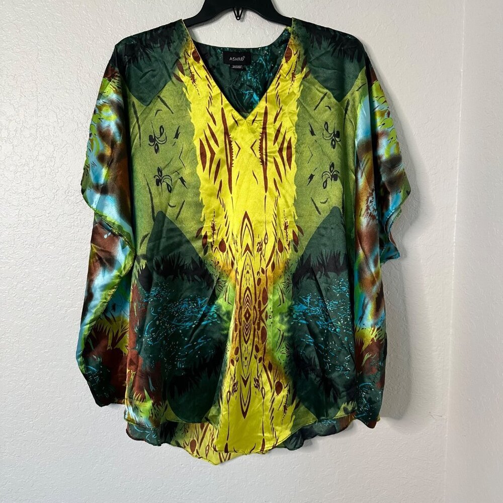 Ashro Women's V-neck Bright Multicolor Satin Tunic Poncho Pullover Free size‎